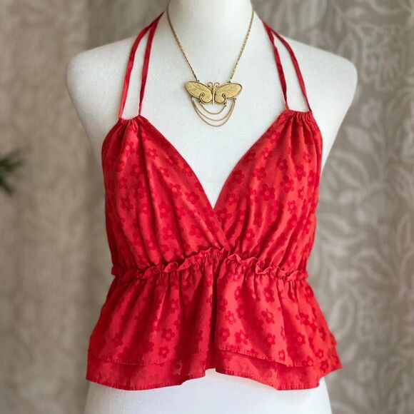 Liberty Love Tops - Liberty Love Red Floral Ruffle Halter Top Boho Festival Fairycore Retro Size M